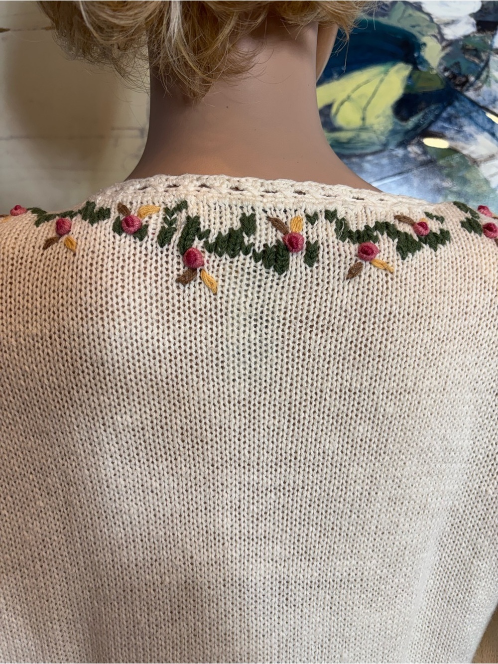 Cream Floral V-Neck Sweater with Pink Rose Embroidery - Picture 9 of 13